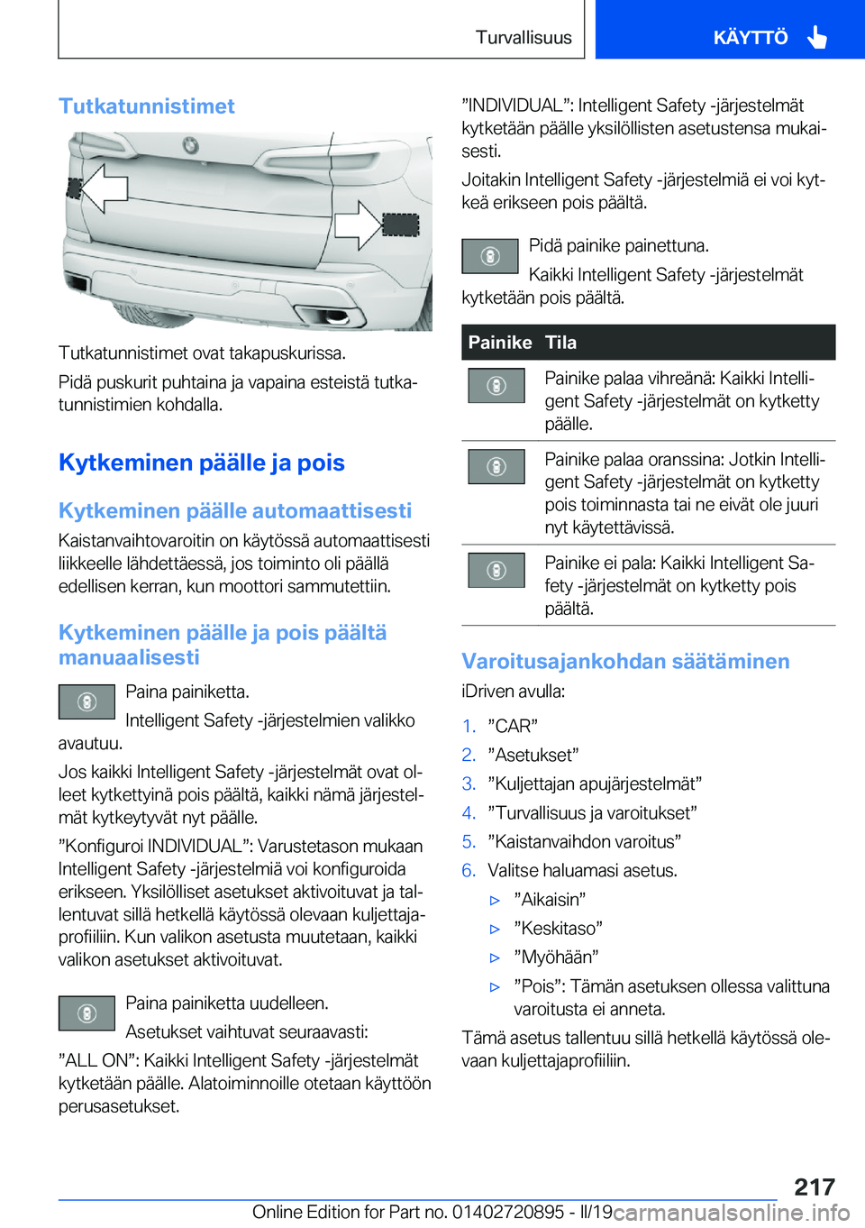 BMW X7 2019  Omistajan Käsikirja (in Finnish) �T�u�t�k�a�t�u�n�n�i�s�t�i�m�e�t
�T�u�t�k�a�t�u�n�n�i�s�t�i�m�e�t��o�v�a�t��t�a�k�a�p�u�s�k�u�r�i�s�s�a�.
�P�i�d�