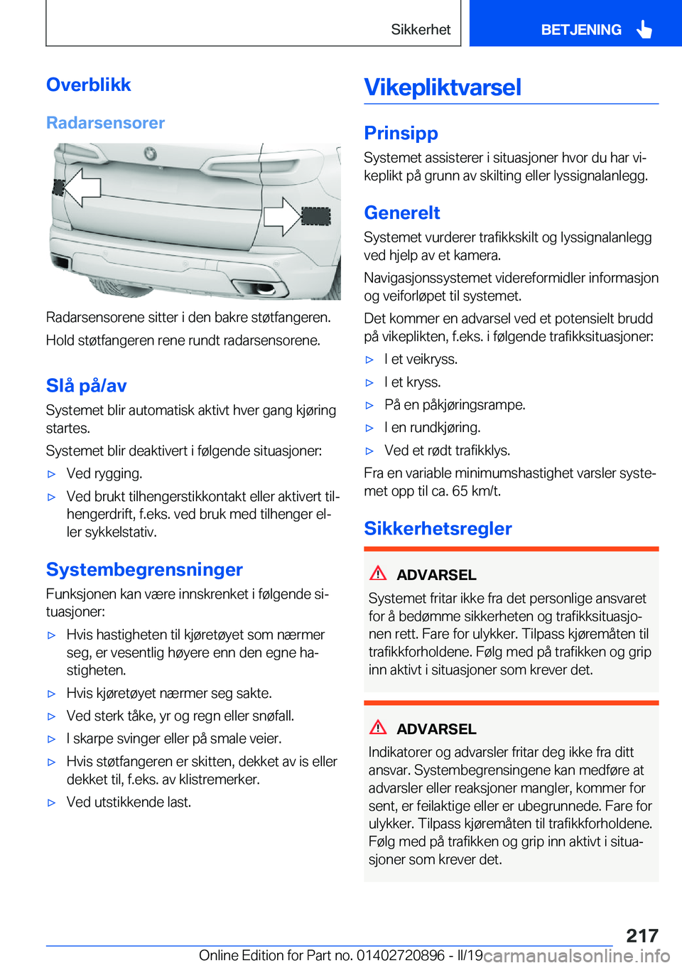 BMW X7 2019  InstruksjonsbØker (in Norwegian) �O�v�e�r�b�l�i�k�k�R�a�d�a�r�s�e�n�s�o�r�e�r
�R�a�d�a�r�s�e�n�s�o�r�e�n�e��s�i�t�t�e�r��i��d�e�n��b�a�k�r�e��s�t�