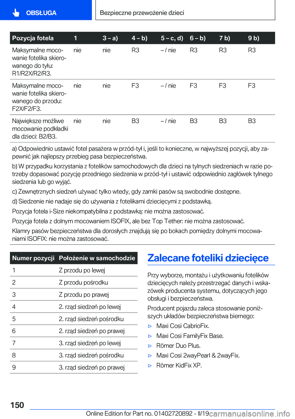 BMW X7 2019  Instrukcja obsługi (in Polish) �P�o�z�y�c�j�a��f�o�t�e�l�a�1�3�m��a�
�4�m��b�
�5�m��c�,��d�
�6�m��b�
�7��b�
�9��b�
�M�a�k�s�y�m�a�l�n�e��m�o�c�oj
�w�a�n�i�e��f�o�t�e�l�i�k�a��s�k�i�e�r�oj
�w�a�n�e�g�o��d�o��t