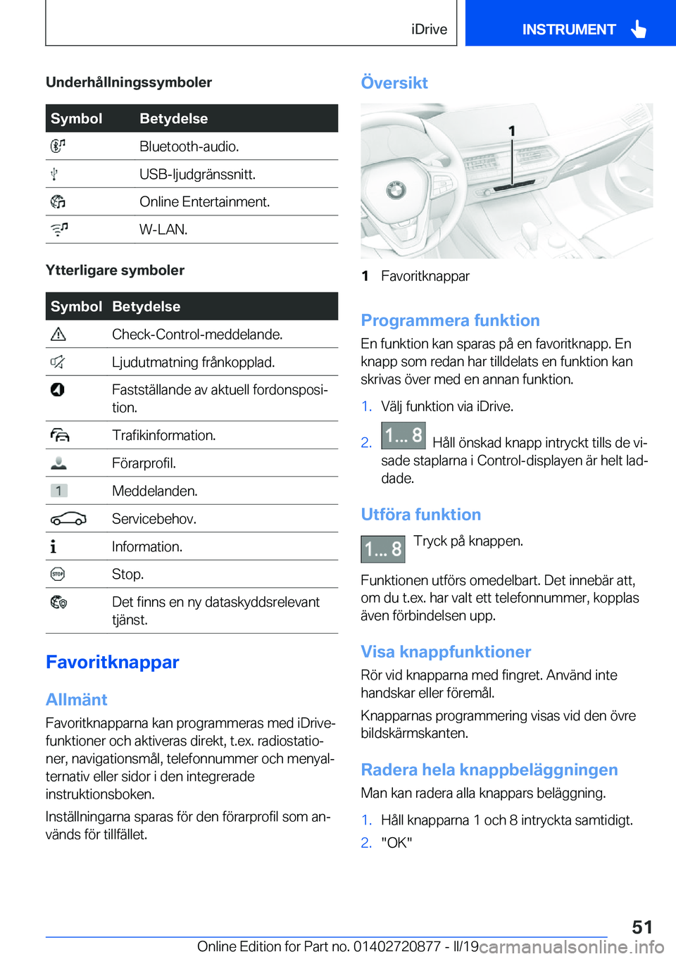 BMW X7 2019  InstruktionsbÖcker (in Swedish) �U�n�d�e�r�h�å�l�l�n�i�n�g�s�s�y�m�b�o�l�e�r�S�y�m�b�o�l�B�e�t�y�d�e�l�s�e��B�l�u�e�t�o�o�t�h�-�a�u�d�i�o�.��U�S�B�-�l�j�u�d�g�r�ä�n�s�s�n�i�t�t�.��O�n�l�i�n�e��E�n�t�e�r�t�a�i�n�m�e�n�t�.��W�-