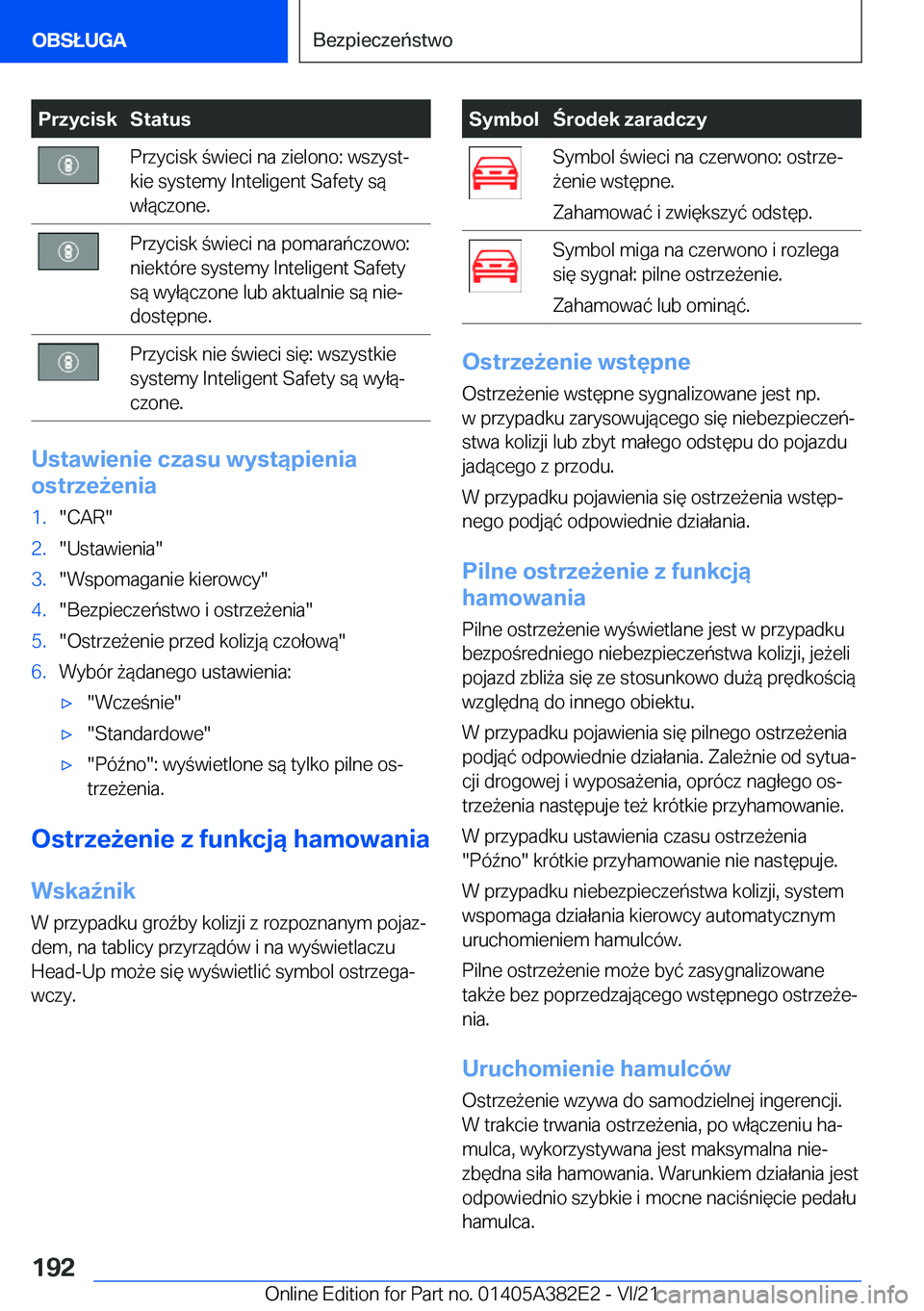 BMW Z4 2022  Instrukcja obsługi (in Polish) �P�r�z�y�c�i�s�k�S�t�a�t�u�s�P�r�z�y�c�i�s�k��w�i�e�c�i��n�a��z�i�e�l�o�n�o�:��w�s�z�y�s�tj
�k�i�e��s�y�s�t�e�m�y��I�n�t�e�l�i�g�e�n�t��S�a�f�e�t�y��s�