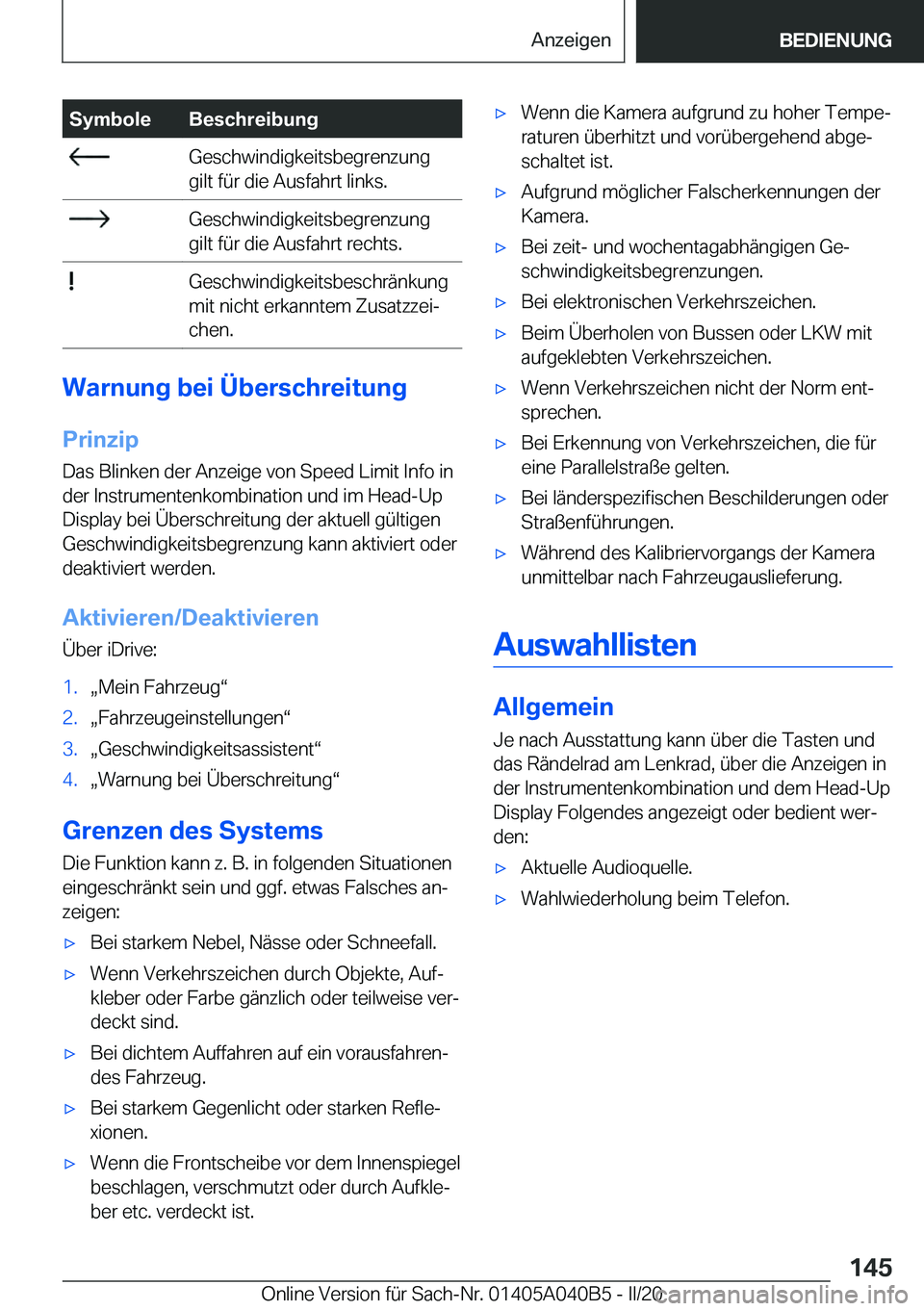 BMW Z4 2020  Betriebsanleitungen (in German) �S�y�m�b�o�l�e�B�e�s�c�h�r�e�i�b�u�n�g��G�e�s�c�h�w�i�n�d�i�g�k�e�i�t�s�b�e�g�r�e�n�z�u�n�g
�g�i�l�t��f�