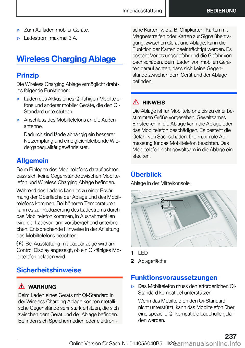 BMW Z4 2020  Betriebsanleitungen (in German) 'x�Z�u�m��A�u�f�l�a�d�e�n��m�o�b�i�l�e�r��G�e�r�ä�t�e�.'x�L�a�d�e�s�t�r�o�m�:��m�a�x�i�m�a�l��3��A�.
�W�i�r�e�l�e�s�s��C�h�a�r�g�i�n�g��A�b�l�a�g�e
�P�r�i�n�z�i�p
�D�i�e��W�i�r�e�l�e