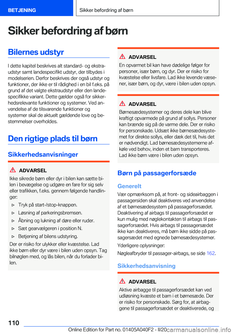 BMW Z4 2020  InstruktionsbØger (in Danish) �S�i�k�k�e�r��b�e�f�o�r�d�r�i�n�g��a�f��b�
