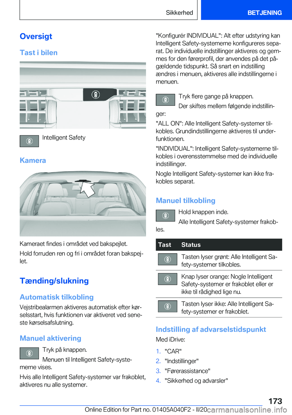 BMW Z4 2020  InstruktionsbØger (in Danish) �O�v�e�r�s�i�g�t
�T�a�s�t��i��b�i�l�e�n
�I�n�t�e�l�l�i�g�e�n�t��S�a�f�e�t�y
�K�a�m�e�r�a
�K�a�m�e�r�a�e�t��f�i�n�d�e�s��i��o�m�r�å�d�e�t��v�e�d��b�a�k�s�p�e�j�l�e�t�.
�H�o�l�d��f�o�r�r�u�d�e