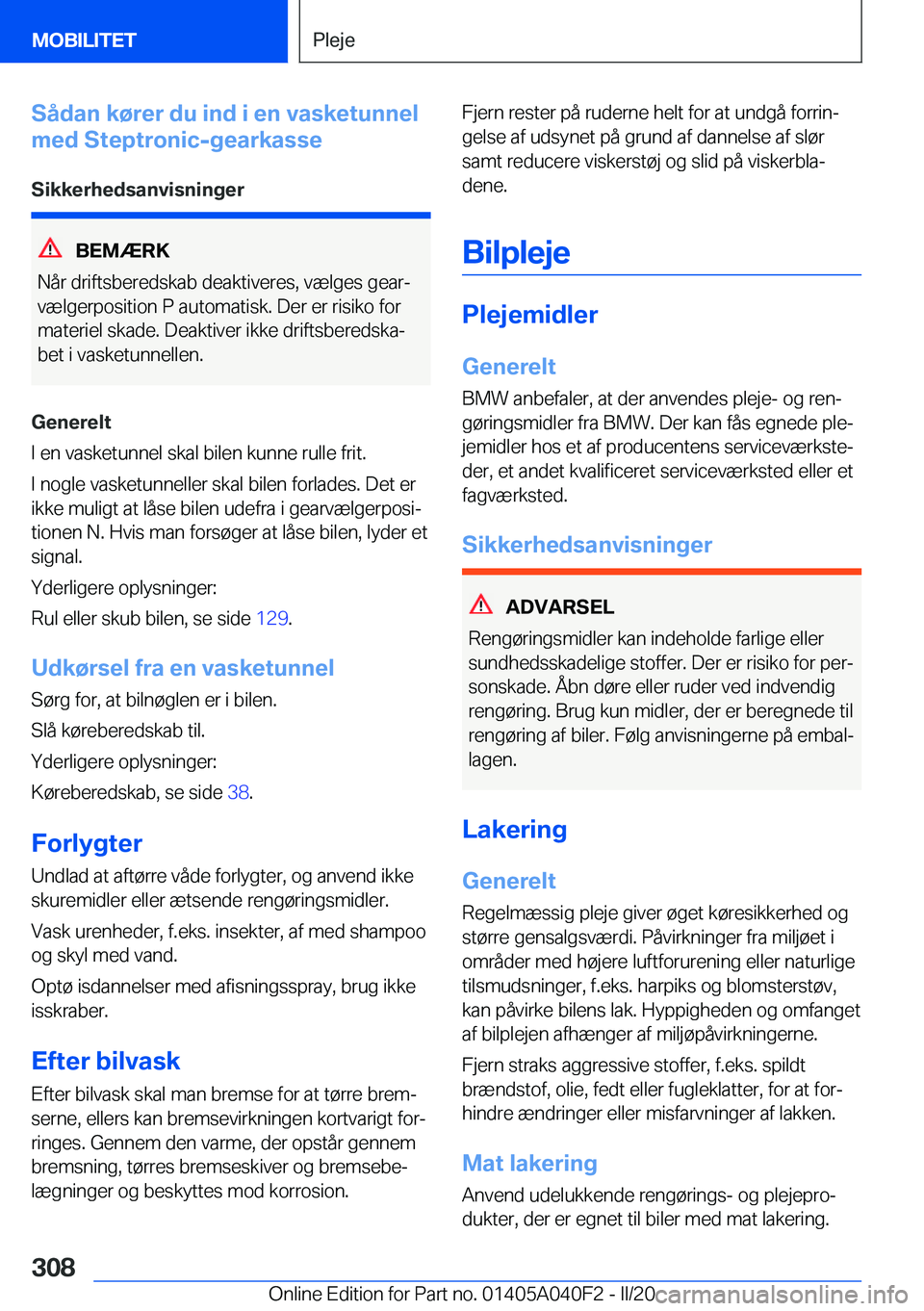 BMW Z4 2020  InstruktionsbØger (in Danish) �S�å�d�a�n��k�