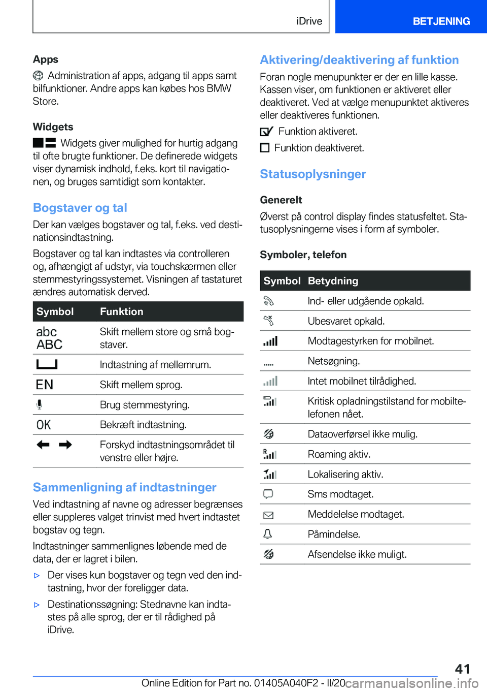 BMW Z4 2020  InstruktionsbØger (in Danish) �A�p�p�s
���A�d�m�i�n�i�s�t�r�a�t�i�o�n��a�f��a�p�p�s�,��a�d�g�a�n�g��t�i�l��a�p�p�s��s�a�m�t
�b�i�l�f�u�n�k�t�i�o�n�e�r�.��A�n�d�r�e��a�p�p�s��k�a�n��k�