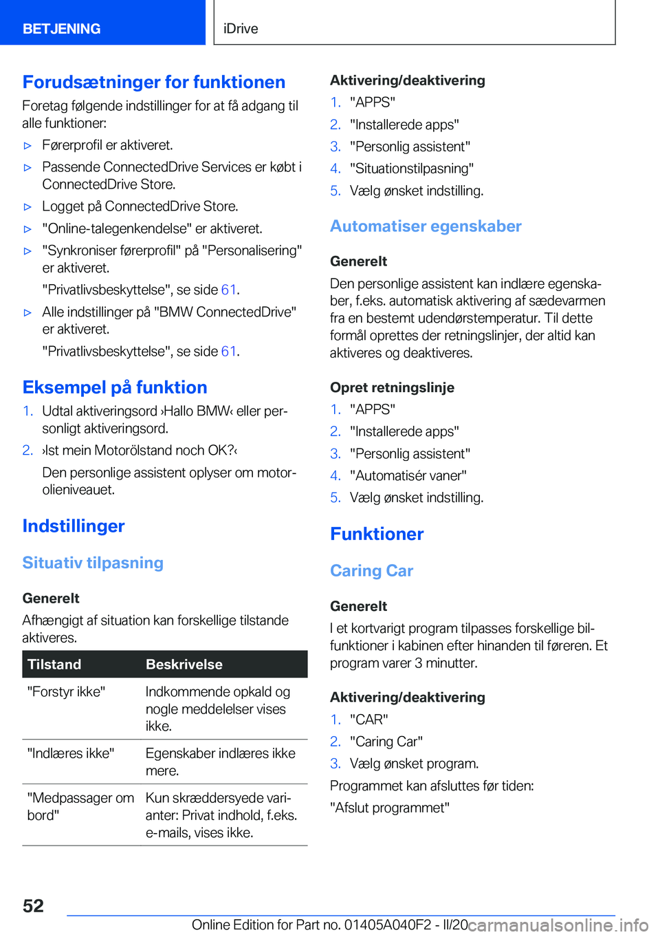 BMW Z4 2020  InstruktionsbØger (in Danish) �F�o�r�u�d�s�æ�t�n�i�n�g�e�r��f�o�r��f�u�n�k�t�i�o�n�e�n�F�o�r�e�t�a�g��f�