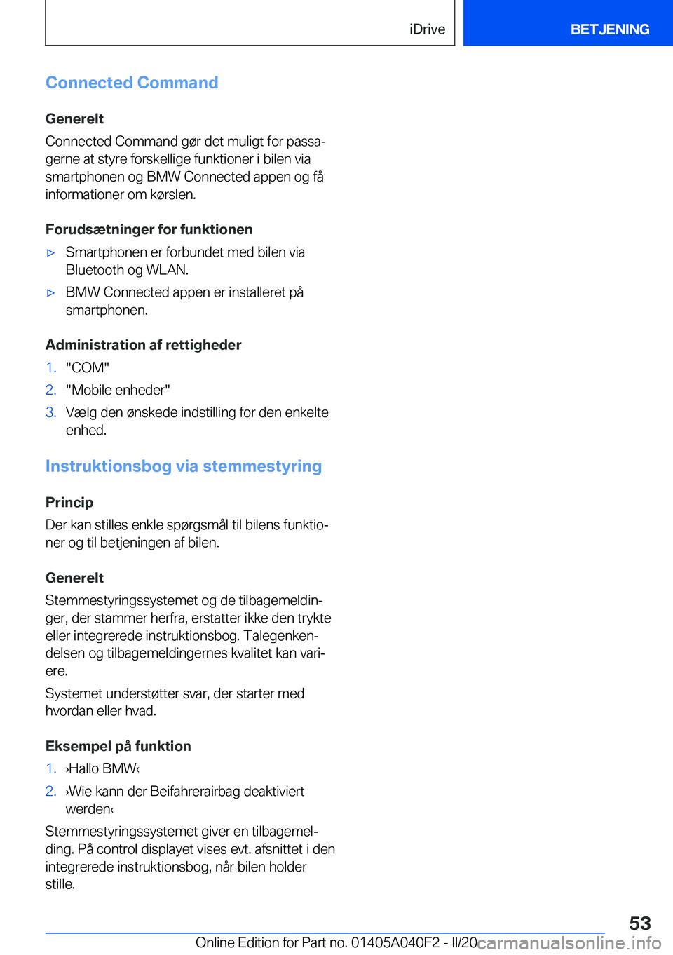 BMW Z4 2020  InstruktionsbØger (in Danish) �C�o�n�n�e�c�t�e�d��C�o�m�m�a�n�d
�G�e�n�e�r�e�l�t
�C�o�n�n�e�c�t�e�d��C�o�m�m�a�n�d��g�