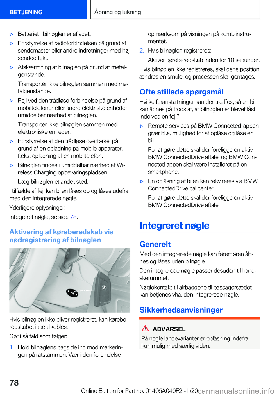 BMW Z4 2020  InstruktionsbØger (in Danish) 'x�B�a�t�t�e�r�i�e�t��i��b�i�l�n�