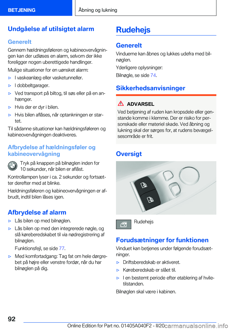 BMW Z4 2020  InstruktionsbØger (in Danish) �U�n�d�g�å�e�l�s�e��a�f��u�t�i�l�s�i�g�t�e�t��a�l�a�r�m�G�e�n�e�r�e�l�t
�G�e�n�n�e�m��h�æ�l�d�n�i�n�g�s�f�