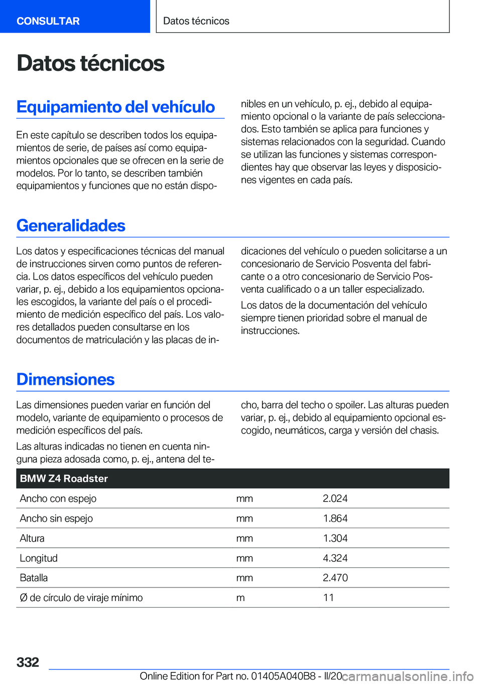 BMW Z4 2020  Manuales de Empleo (in Spanish) �D�a�t�o�s��t�