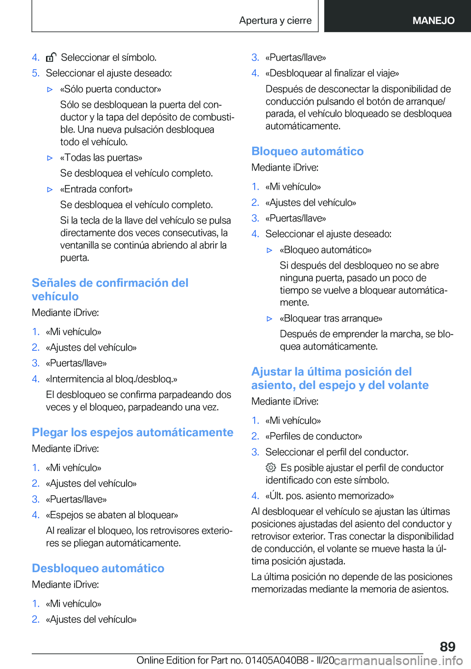BMW Z4 2020  Manuales de Empleo (in Spanish) �4�.���S�e�l�e�c�c�i�o�n�a�r��e�l��s�