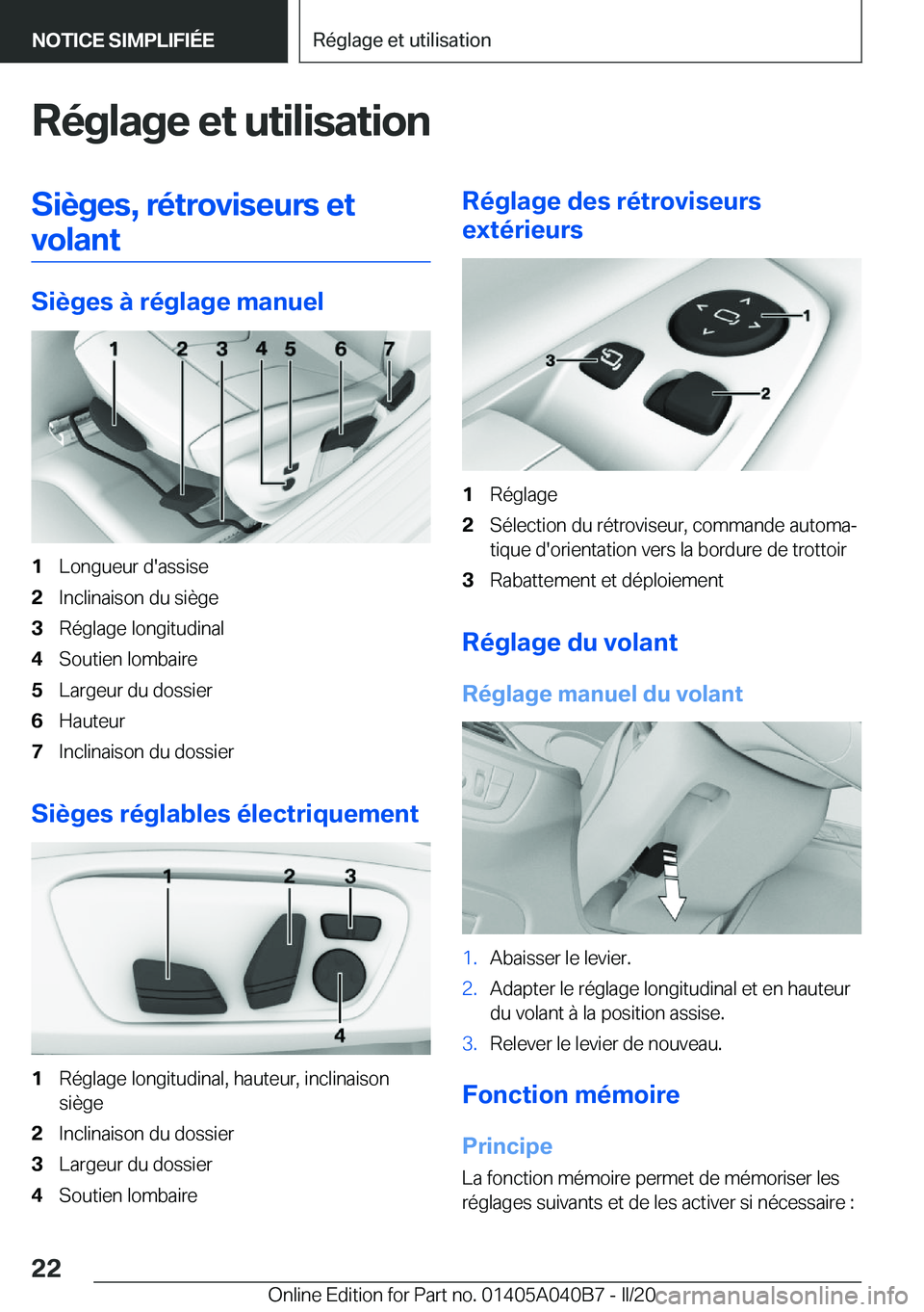 BMW Z4 2020  Notices Demploi (in French) �R�é�g�l�a�g�e��e�t��u�t�i�l�i�s�a�t�i�o�n�S�i�è�g�e�s�,��r�é�t�r�o�v�i�s�e�u�r�s��e�t�v�o�l�a�n�t
�S�i�è�g�e�s��