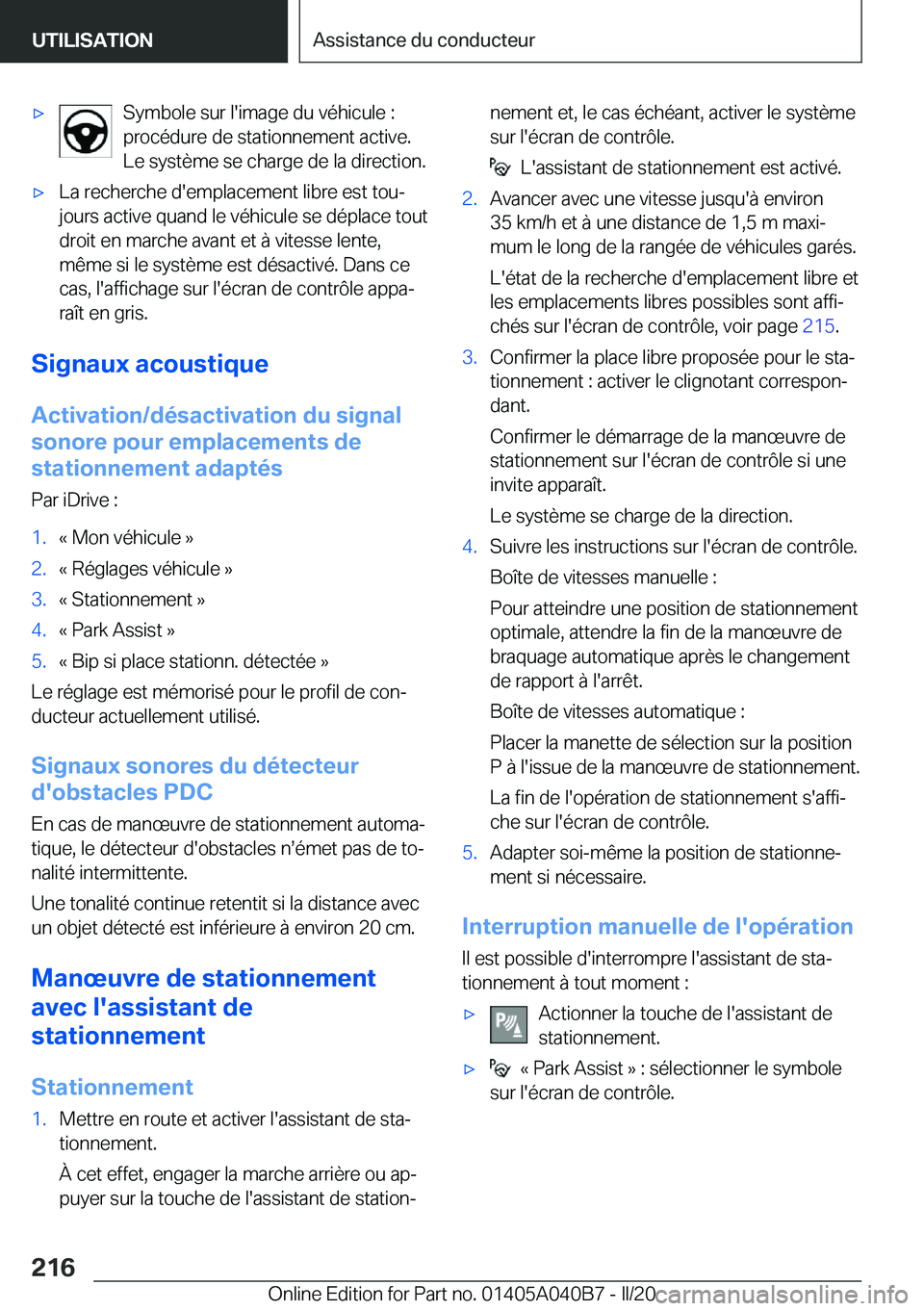 BMW Z4 2020  Notices Demploi (in French) 'x�S�y�m�b�o�l�e��s�u�r��l�'�i�m�a�g�e��d�u��v�é�h�i�c�u�l�e��:
�p�r�o�c�é�d�u�r�e��d�e��s�t�a�t�i�o�n�n�e�m�e�n�t��a�c�t�i�v�e�.
�L�e��s�y�s�t�è�m�e��s�e��c�h�a�r�g�e��d�e��l�