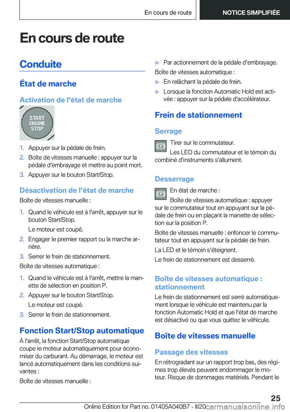 BMW Z4 2020  Notices Demploi (in French) �E�n��c�o�u�r�s��d�e��r�o�u�t�e�C�o�n�d�u�i�t�e
�