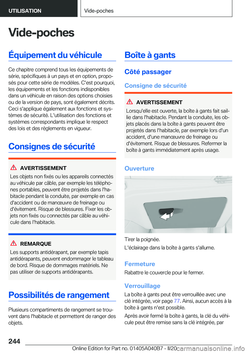 BMW Z4 2020  Notices Demploi (in French) �V�i�d�e�-�p�o�c�h�e�s�
