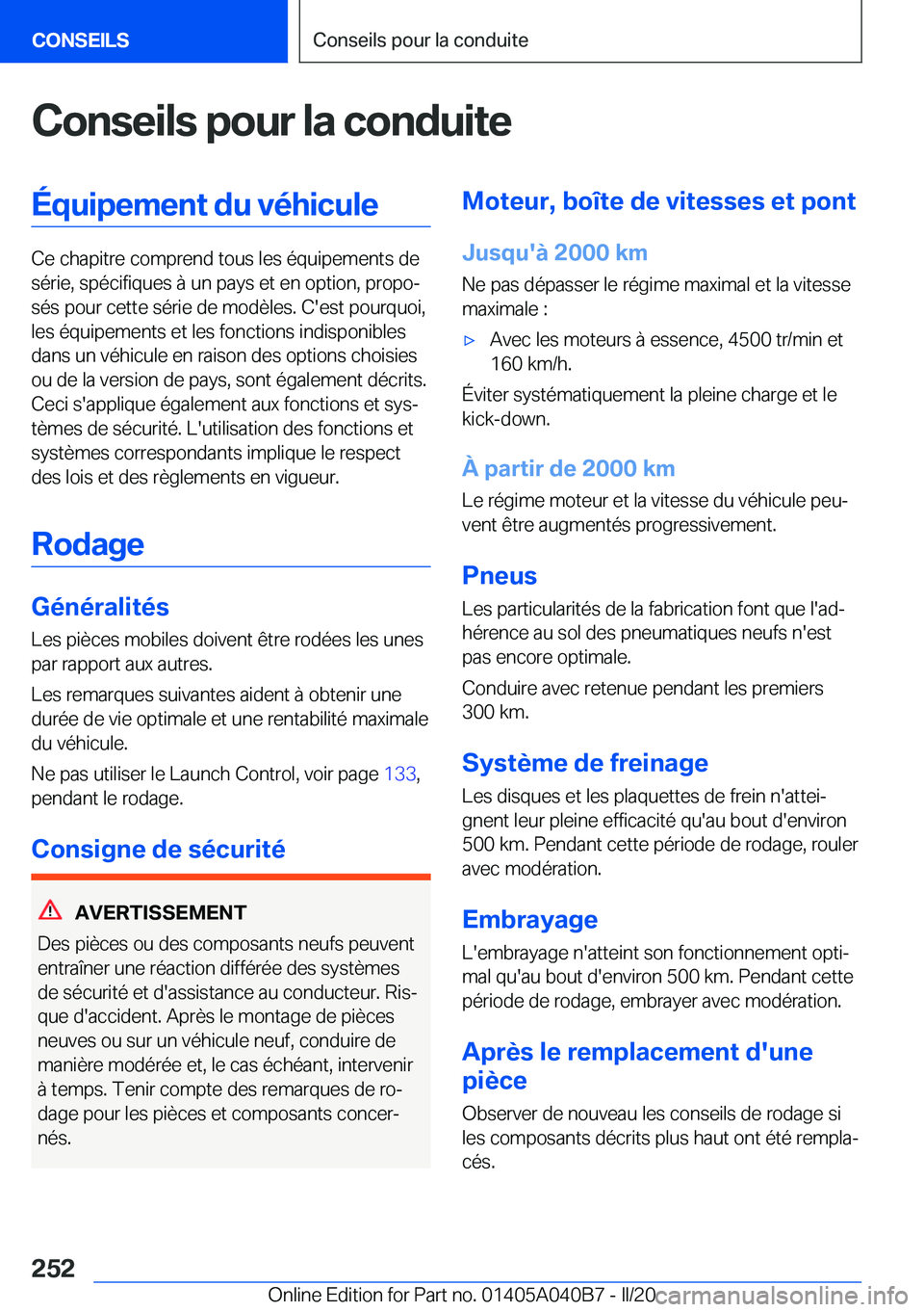 BMW Z4 2020  Notices Demploi (in French) �C�o�n�s�e�i�l�s��p�o�u�r��l�a��c�o�n�d�u�i�t�e�
