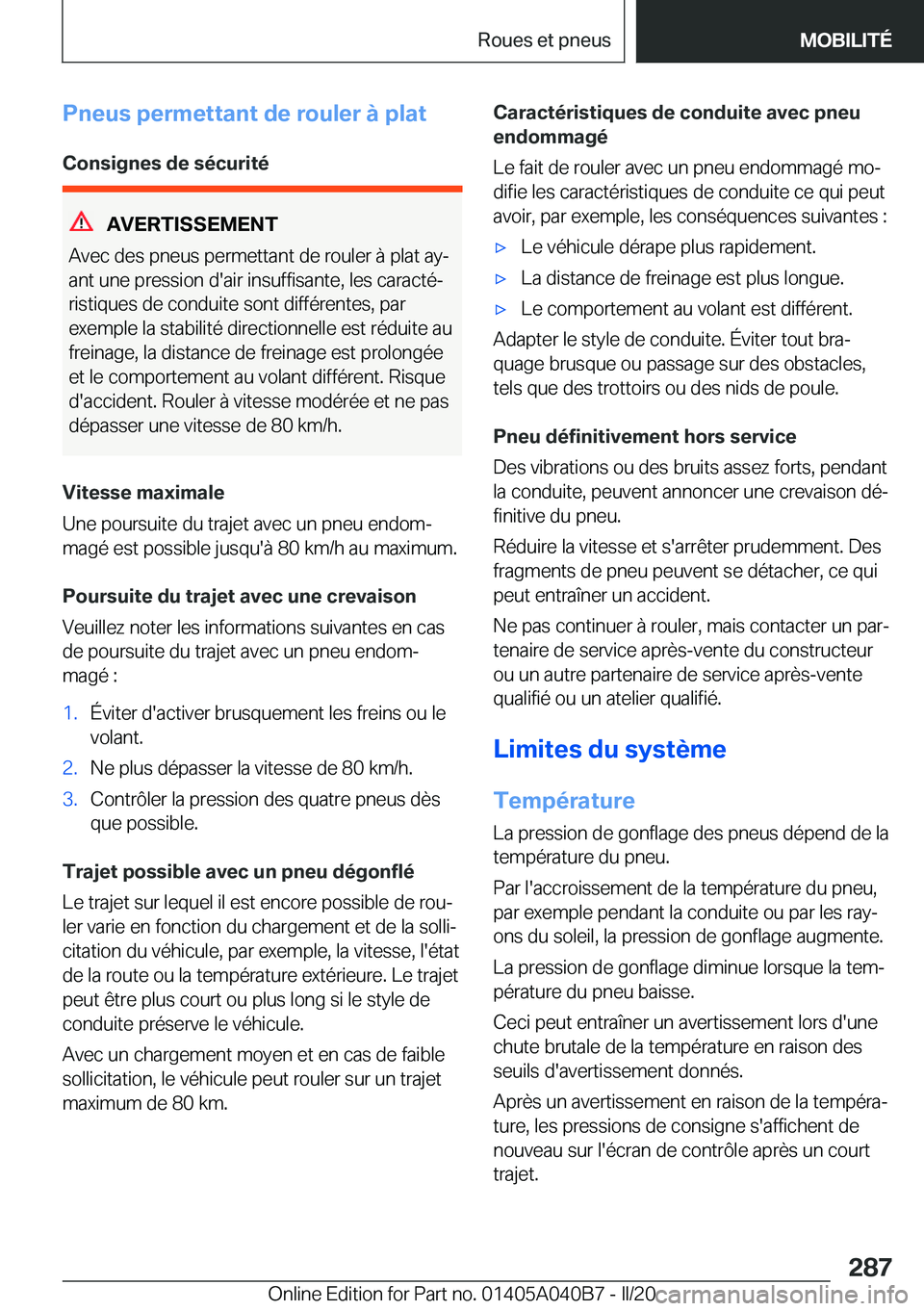 BMW Z4 2020  Notices Demploi (in French) �P�n�e�u�s��p�e�r�m�e�t�t�a�n�t��d�e��r�o�u�l�e�r��