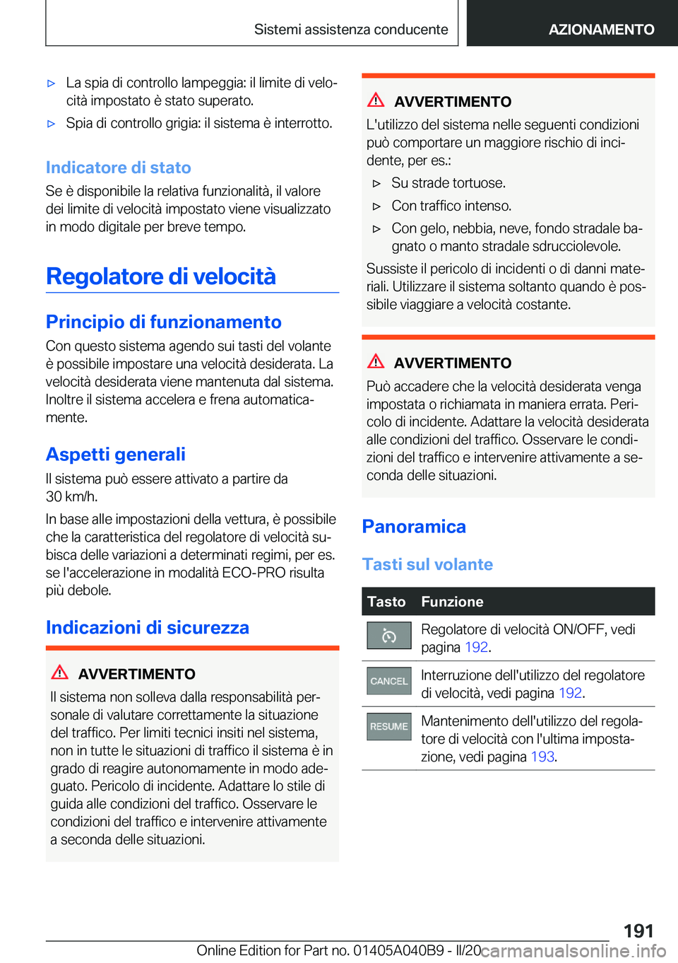 BMW Z4 2020  Libretti Di Uso E manutenzione (in Italian) 'x�L�a��s�p�i�a��d�i��c�o�n�t�r�o�l�l�o��l�a�m�p�e�g�g�i�a�:��i�l��l�i�m�i�t�e��d�i��v�e�l�oª�c�i�t�