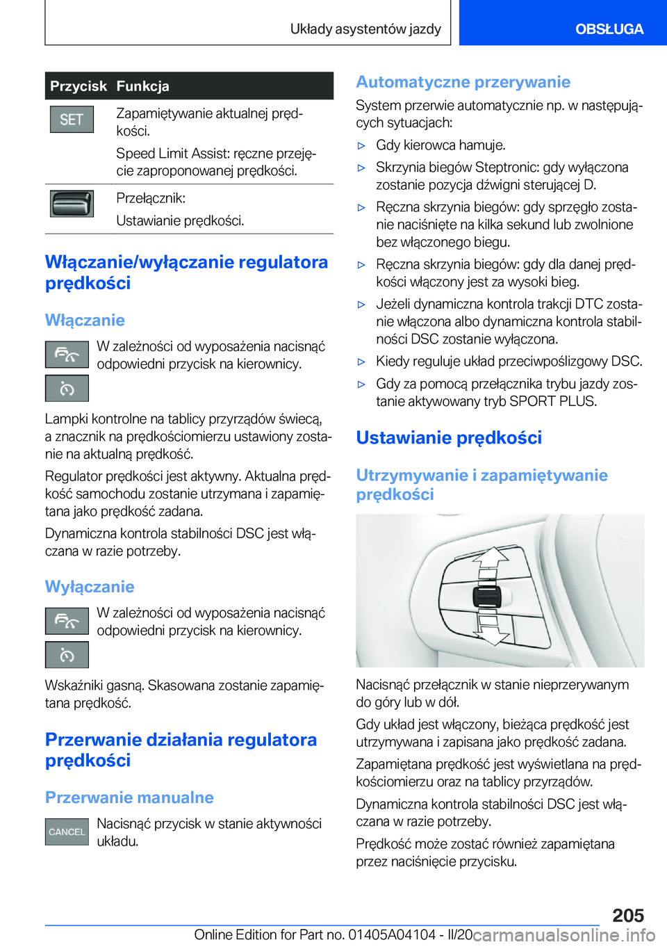 BMW Z4 2020  Instrukcja obsługi (in Polish) �P�r�z�y�c�i�s�k�F�u�n�k�c�j�a�Z�a�p�a�m�i�