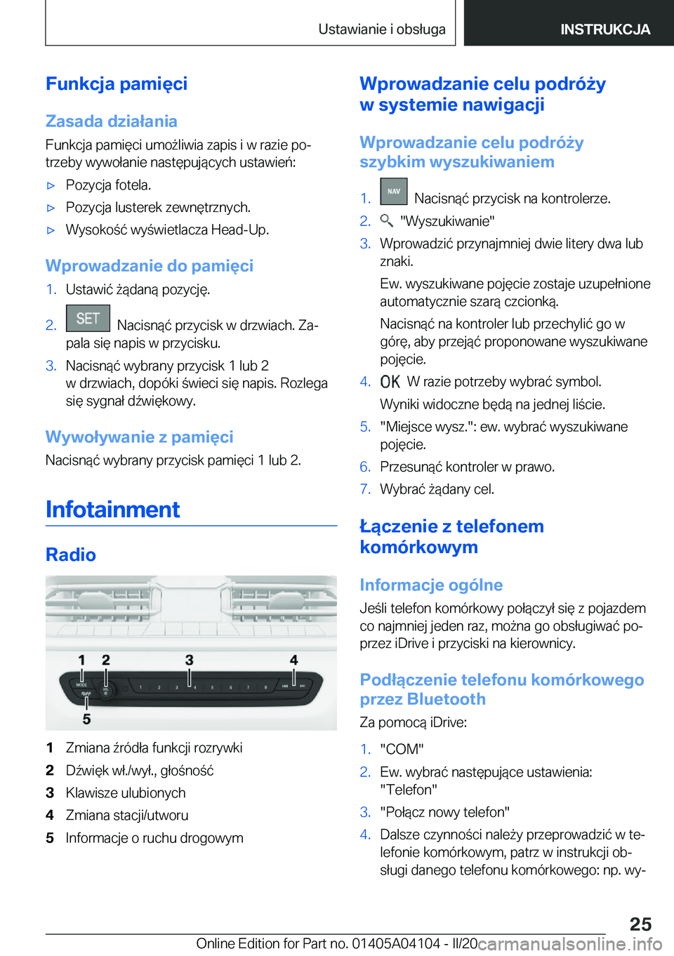 BMW Z4 2020  Instrukcja obsługi (in Polish) �F�u�n�k�c�j�a��p�a�m�i�