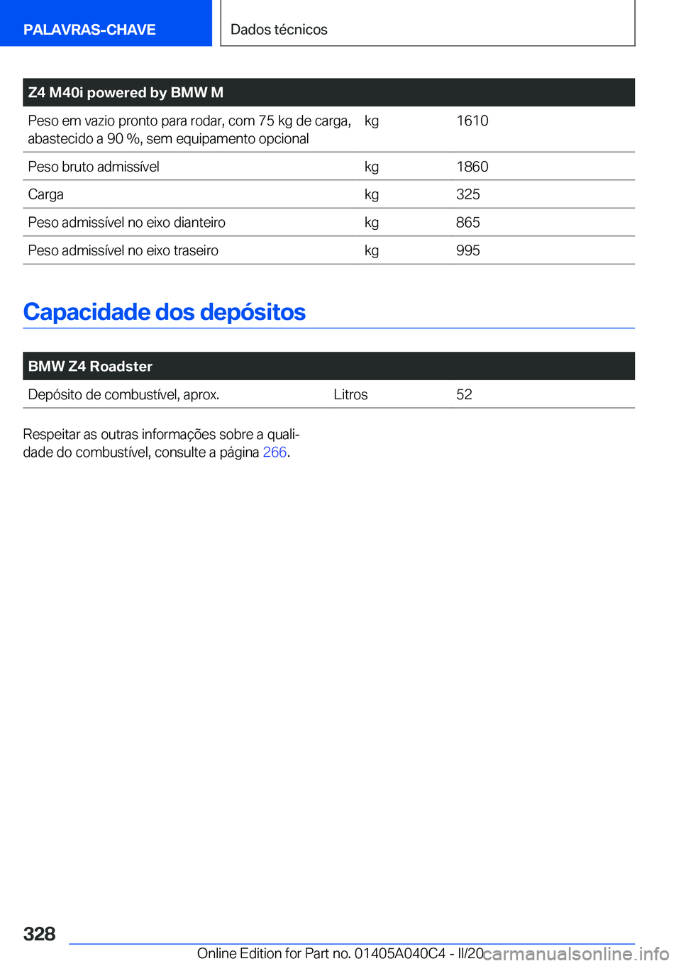 BMW Z4 2020  Manual do condutor (in Portuguese) �Z�4��M�4�0�i��p�o�w�e�r�e�d��b�y��B�M�W��M�P�e�s�o��e�m��v�a�z�i�o��p�r�o�n�t�o��p�a�r�a��r�o�d�a�r�,��c�o�m��7�5��k�g��d�e��c�a�r�g�a�,�a�b�a�s�t�e�c�i�d�o��a��9�0��%�,��s�e�m��e