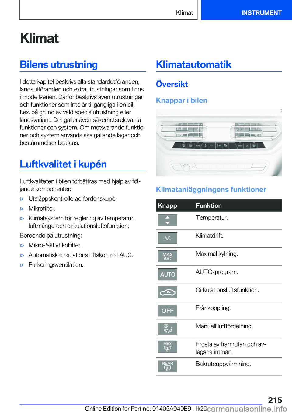 BMW Z4 2020  InstruktionsbÖcker (in Swedish) �K�l�i�m�a�t�B�i�l�e�n�s��u�t�r�u�s�t�n�i�n�g
�I��d�e�t�t�a��k�a�p�i�t�e�l��b�e�s�k�r�i�v�s��a�l�l�a��s�t�a�n�d�a�r�d�u�t�f�