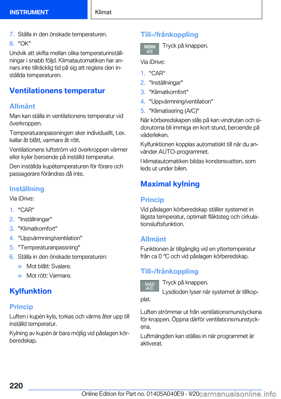 BMW Z4 2020  InstruktionsbÖcker (in Swedish) �7�.�S�t�ä�l�l�a��i�n��d�e�n��