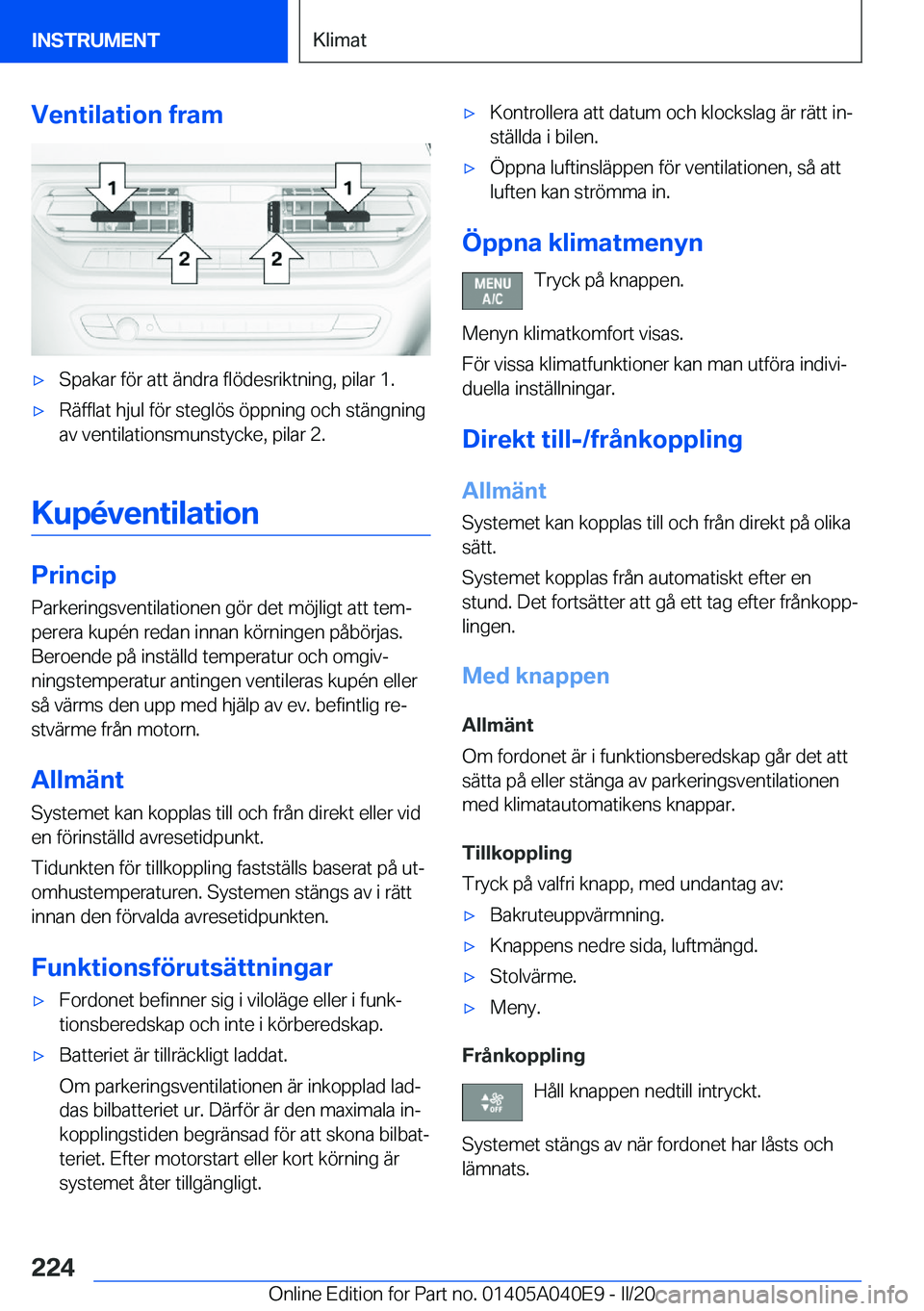 BMW Z4 2020  InstruktionsbÖcker (in Swedish) �V�e�n�t�i�l�a�t�i�o�n��f�r�a�m'x�S�p�a�k�a�r��f�