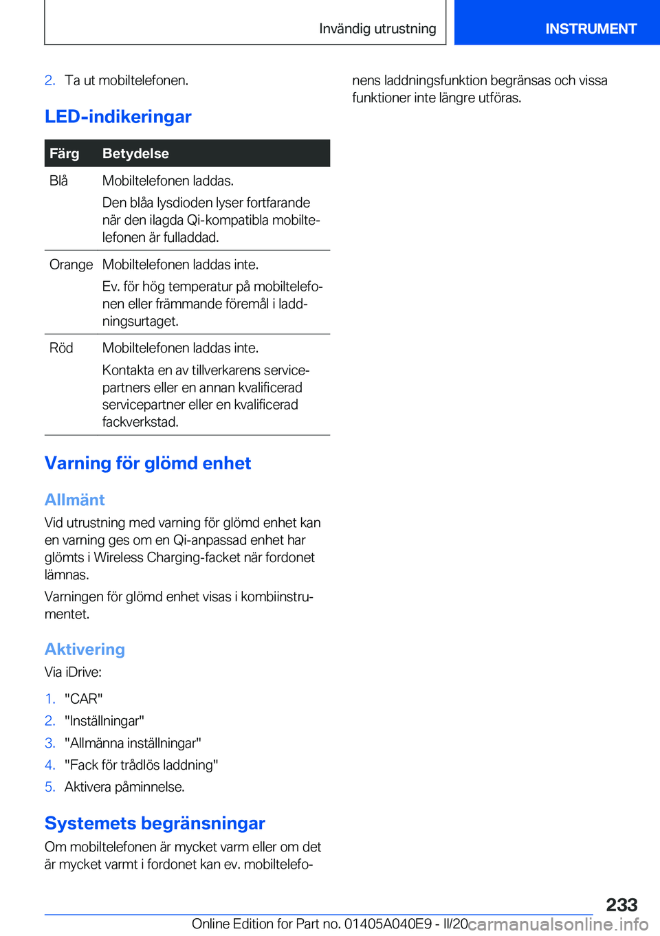BMW Z4 2020  InstruktionsbÖcker (in Swedish) �2�.�T�a��u�t��m�o�b�i�l�t�e�l�e�f�o�n�e�n�.
�L�E�D�-�i�n�d�i�k�e�r�i�n�g�a�r
�F�ä�r�g�B�e�t�y�d�e�l�s�e�B�l�å�M�o�b�i�l�t�e�l�e�f�o�n�e�n��l�a�d�d�a�s�.
�D�e�n��b�l�å�a��l�y�s�d�i�o�d�e�n��l
