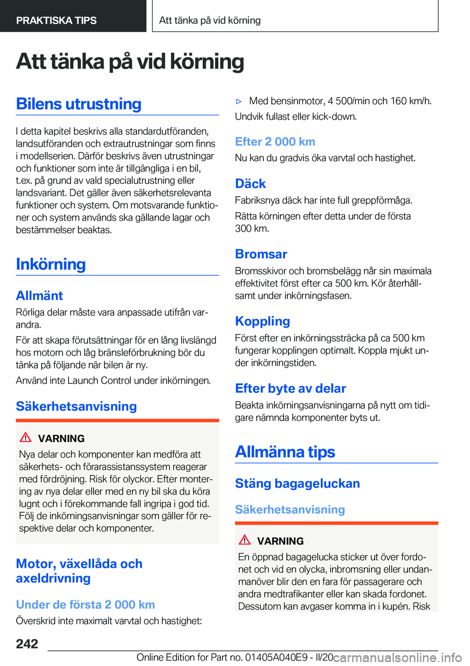 BMW Z4 2020  InstruktionsbÖcker (in Swedish) �A�t�t��t�ä�n�k�a��p�å��v�i�d��k�