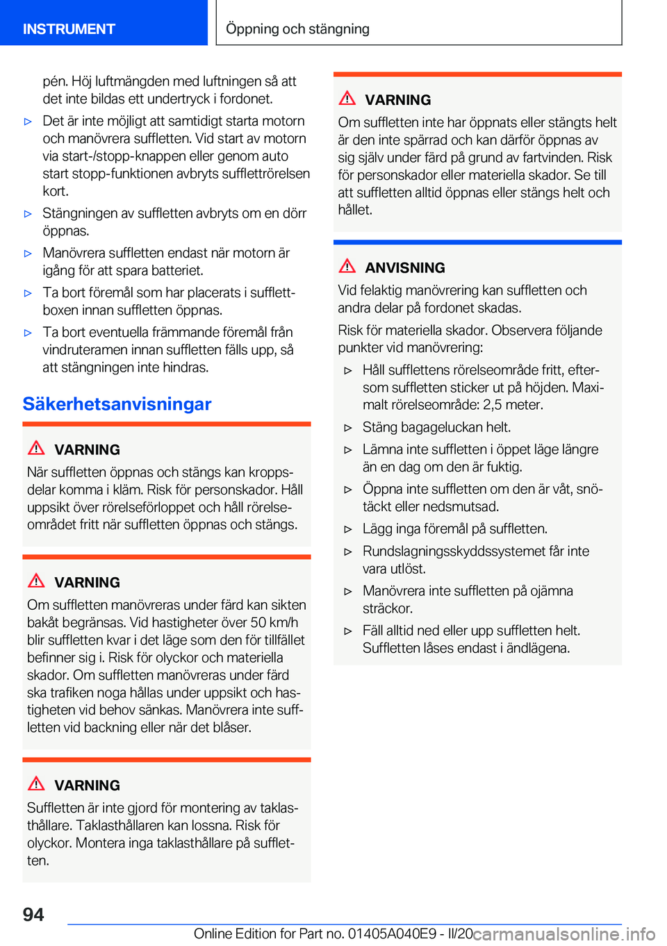BMW Z4 2020  InstruktionsbÖcker (in Swedish) �p�