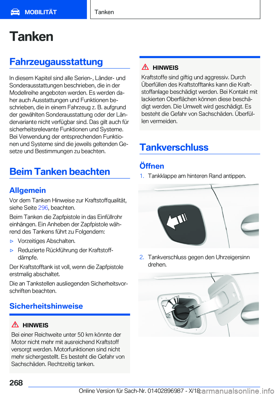 BMW Z4 2019  Betriebsanleitungen (in German) �T�a�n�k�e�n�F�a�h�r�z�e�u�g�a�u�s�s�t�a�t�t�u�n�g
�I�n��d�i�e�s�e�m��K�a�p�i�t�e�l��s�i�n�d��a�l�l�e��S�e�r�i�e�n�-�,��L�