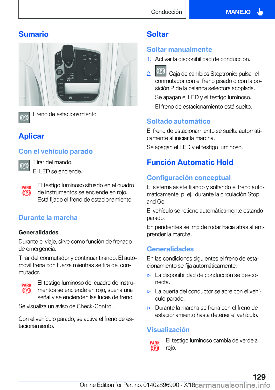 BMW Z4 2019  Manuales de Empleo (in Spanish) �S�u�m�a�r�i�o
�F�r�e�n�o��d�e��e�s�t�a�c�i�o�n�a�m�i�e�n�t�o
�A�p�l�i�c�a�r
�C�o�n��e�l��v�e�h�