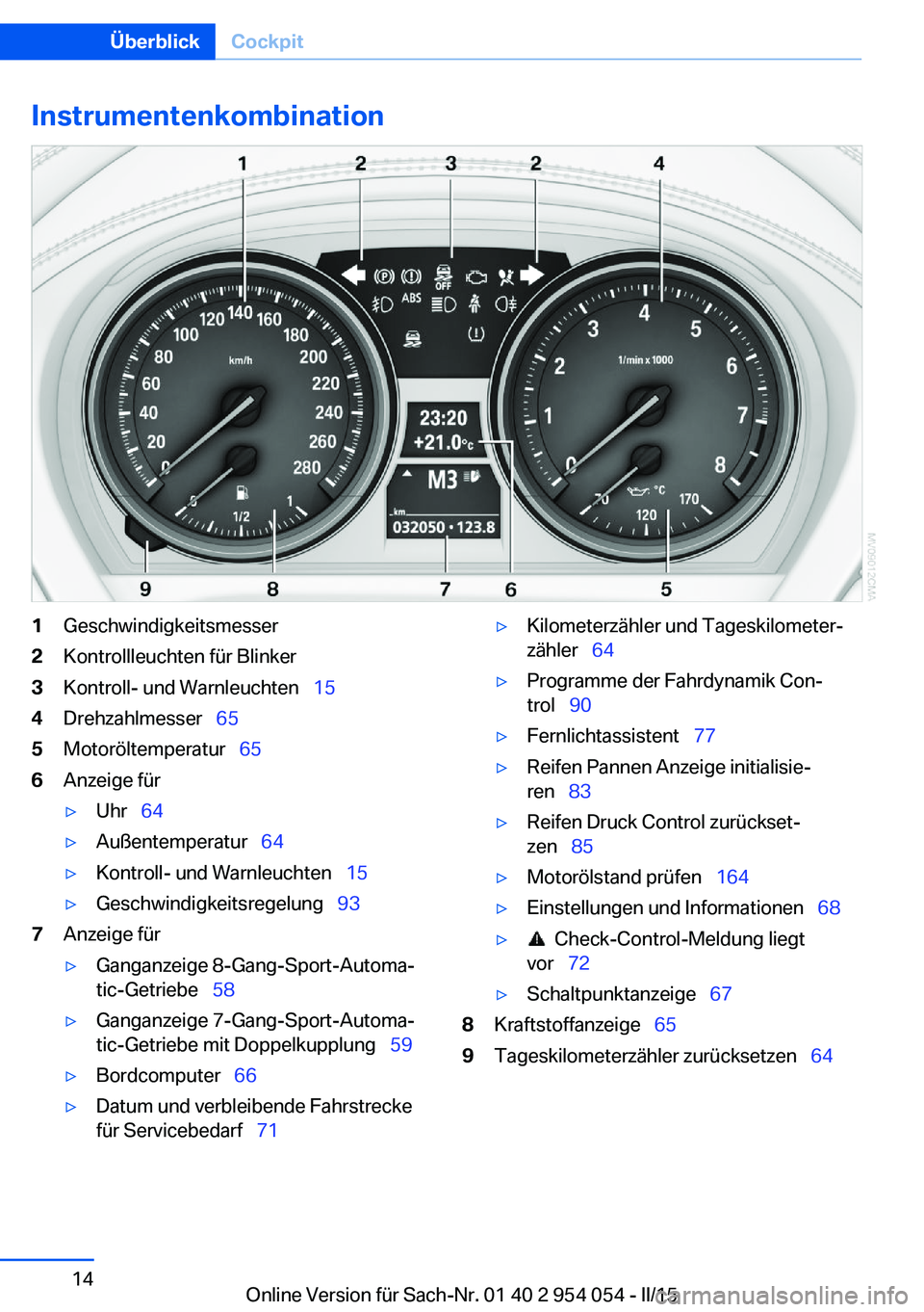 BMW Z4 2016  Betriebsanleitungen (in German) Instrumentenkombination1Geschwindigkeitsmesser2Kontrollleuchten für Blinker3Kontroll- und Warnleuchten  154Drehzahlmesser  655Motoröltemperatur   656Anzeige für▷Uhr  64▷Außente