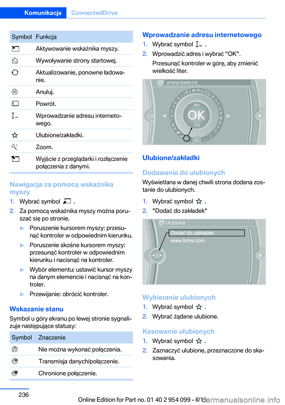 BMW Z4 2016  Instrukcja obsługi (in Polish) SymbolFunkcja Aktywowanie wskaźnika myszy. Wywoływanie strony startowej. Aktualizowanie, ponowne ładowa‐
nie. Anuluj. Powrót. Wprowadzanie adresu interneto‐
wego. Ulubione/zakładki. Zoom. Wyj