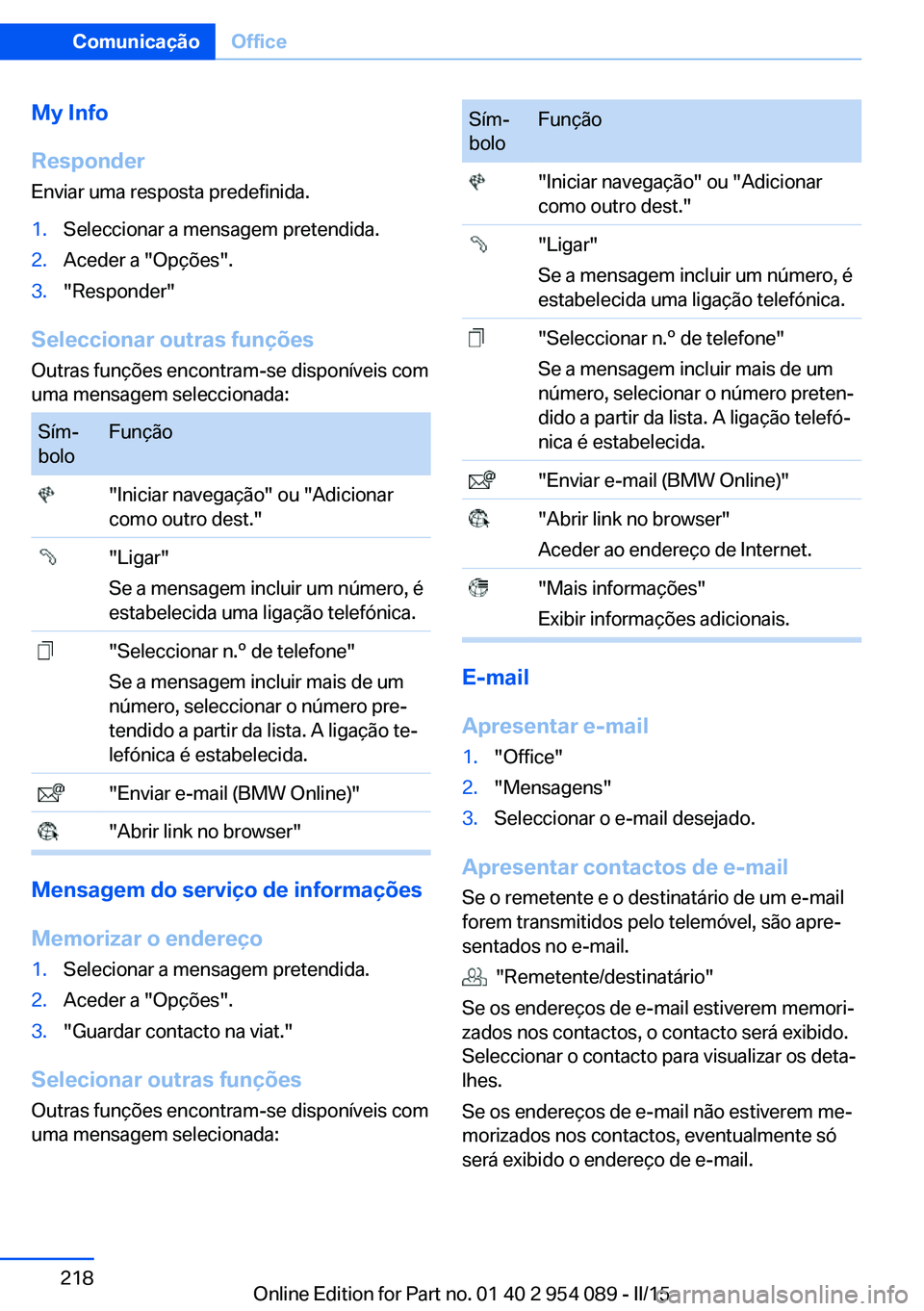 BMW Z4 2016 Manual do condutor (in Portuguese) My Info
Responder Enviar uma resposta predefinida.1.Seleccionar a mensagem pretendida.2.Aceder a "Opções".3."Responder"
Seleccionar outras funções Outras funções encontram-se dis BMW Z4 2016 Manual do condutor (in Portuguese) My Info
Responder Enviar uma resposta predefinida.1.Seleccionar a mensagem pretendida.2.Aceder a "Opções".3."Responder"
Seleccionar outras funções Outras funções encontram-se dis