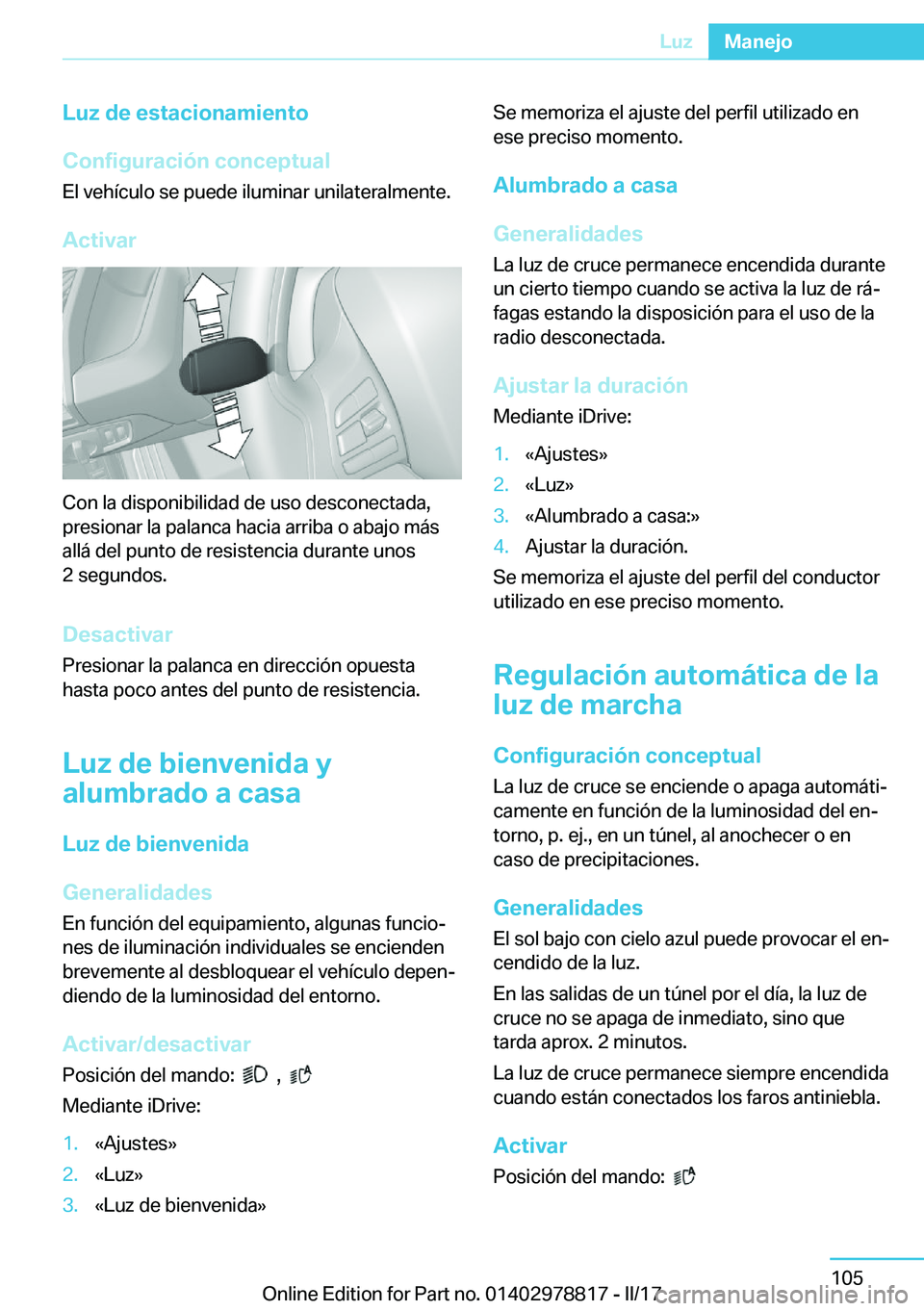 BMW I3 2017  Manuales de Empleo (in Spanish) �L�u�z��d�e��e�s�t�a�c�i�o�n�a�m�i�e�n�t�o
�C�o�n�f�i�g�u�r�a�c�i�