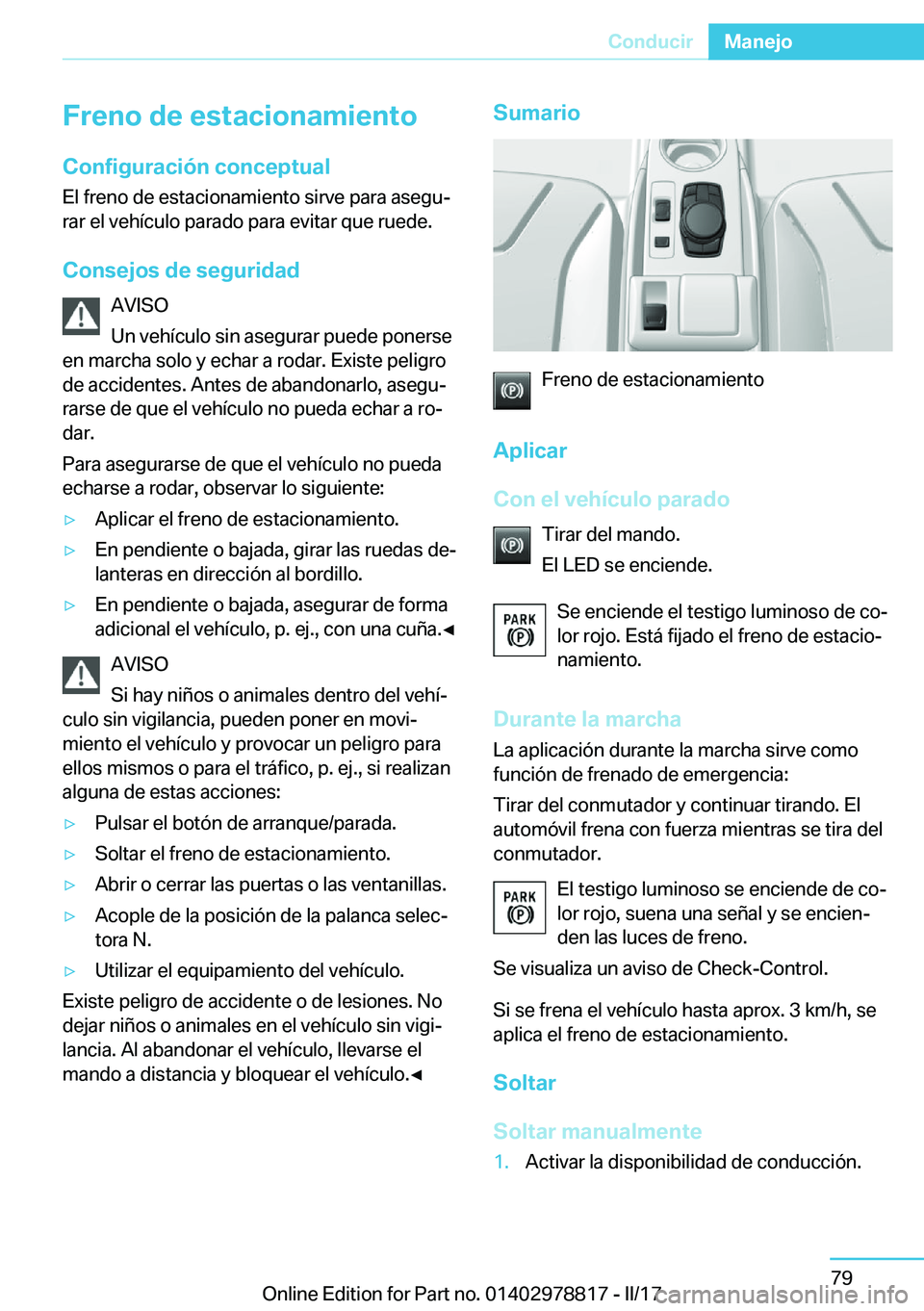 BMW I3 2017  Manuales de Empleo (in Spanish) �F�r�e�n�o��d�e��e�s�t�a�c�i�o�n�a�m�i�e�n�t�o�C�o�n�f�i�g�u�r�a�c�i�