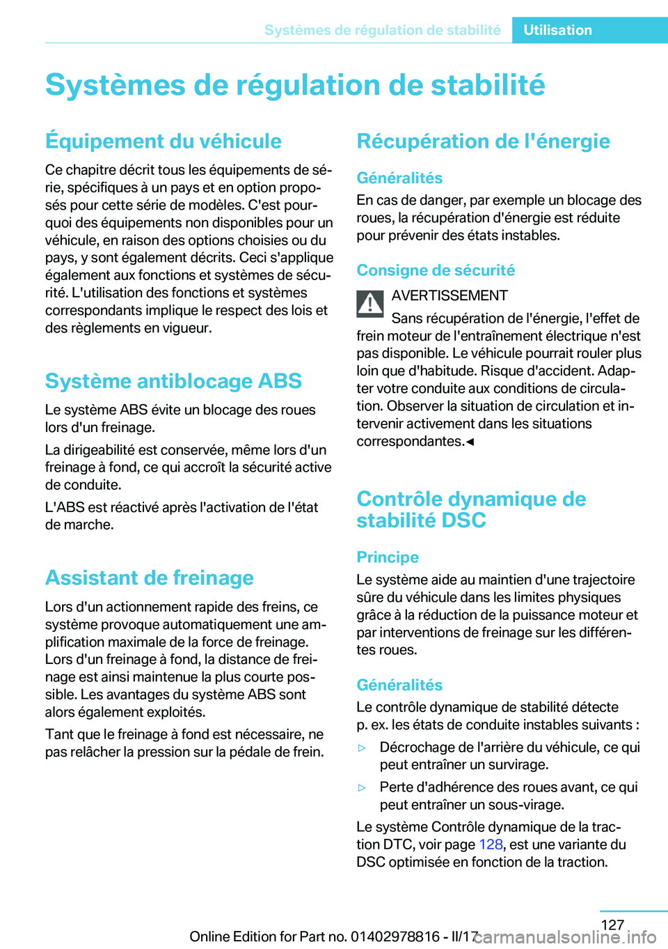 BMW I3 2017  Notices Demploi (in French) �S�y�s�t�è�m�e�s��d�e��r�é�g�u�l�a�t�i�o�n��d�e��s�t�a�b�i�l�i�t�é�