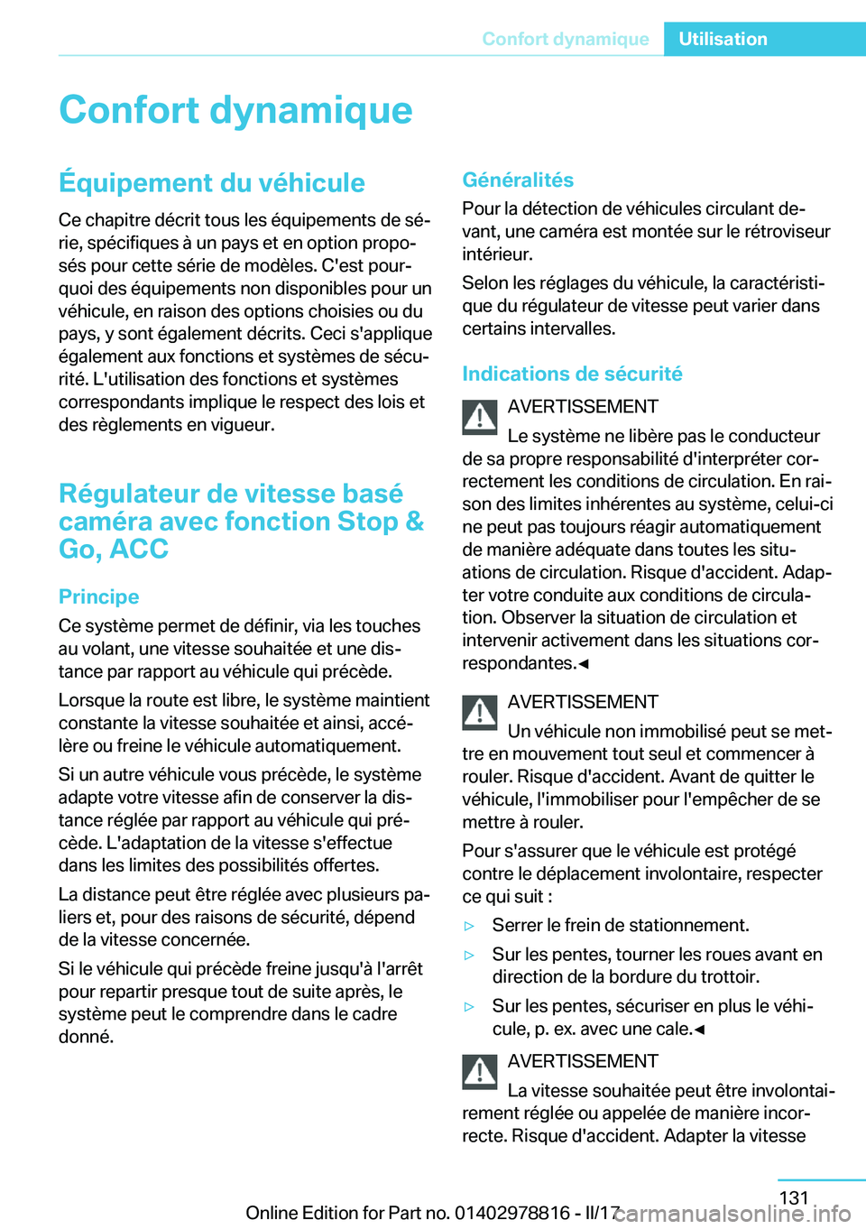 BMW I3 2017  Notices Demploi (in French) �C�o�n�f�o�r�t��d�y�n�a�m�i�q�u�e�