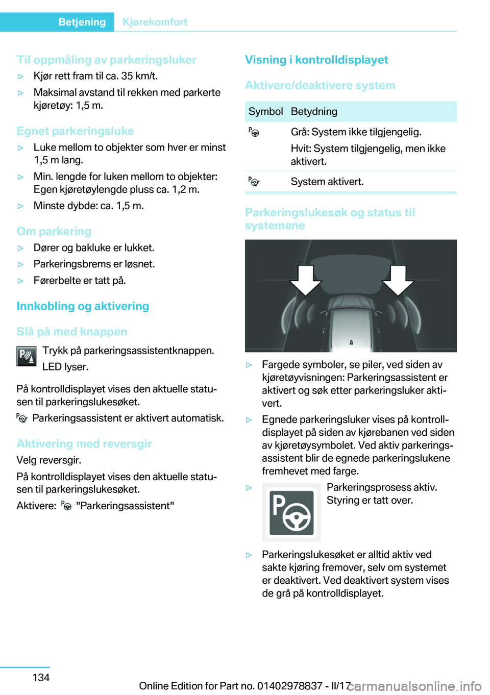 BMW I3 2017  InstruksjonsbØker (in Norwegian) �T�i�l��o�p�p�m�å�l�i�n�g��a�v��p�a�r�k�e�r�i�n�g�s�l�u�k�e�ry�K�j�