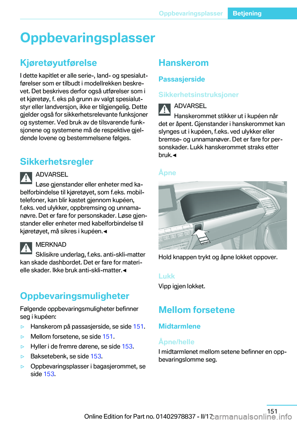 BMW I3 2017  InstruksjonsbØker (in Norwegian) �O�p�p�b�e�v�a�r�i�n�g�s�p�l�a�s�s�e�r�K�j�