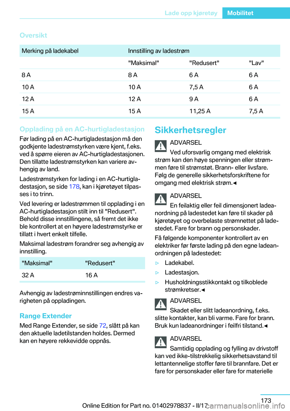 BMW I3 2017  InstruksjonsbØker (in Norwegian) �O�v�e�r�s�i�k�t
� �M�e�r�k�i�n�g� �p�å� �l�a�d�e�k�a�b�e�l�I�n�n�s�t�i�l�l�i�n�g� �a�v� �l�a�d�e�s�t�r�