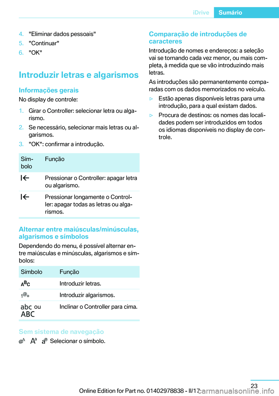 BMW I3 2017  Manual do condutor (in Portuguese) �4�.�"�E�l�i�m�i�n�a�r� �d�a�d�o�s� �p�e�s�s�o�a�i�s�"�5�.�"�C�o�n�t�i�n�u�a�r�"�6�.�"�O�K�"
�I�n�t�r�o�d�u�z�i�r��l�e�t�r�a�s��e��a�l�g�a�r�i�s�m�o�s
�I�n�f�o�r�m�a�