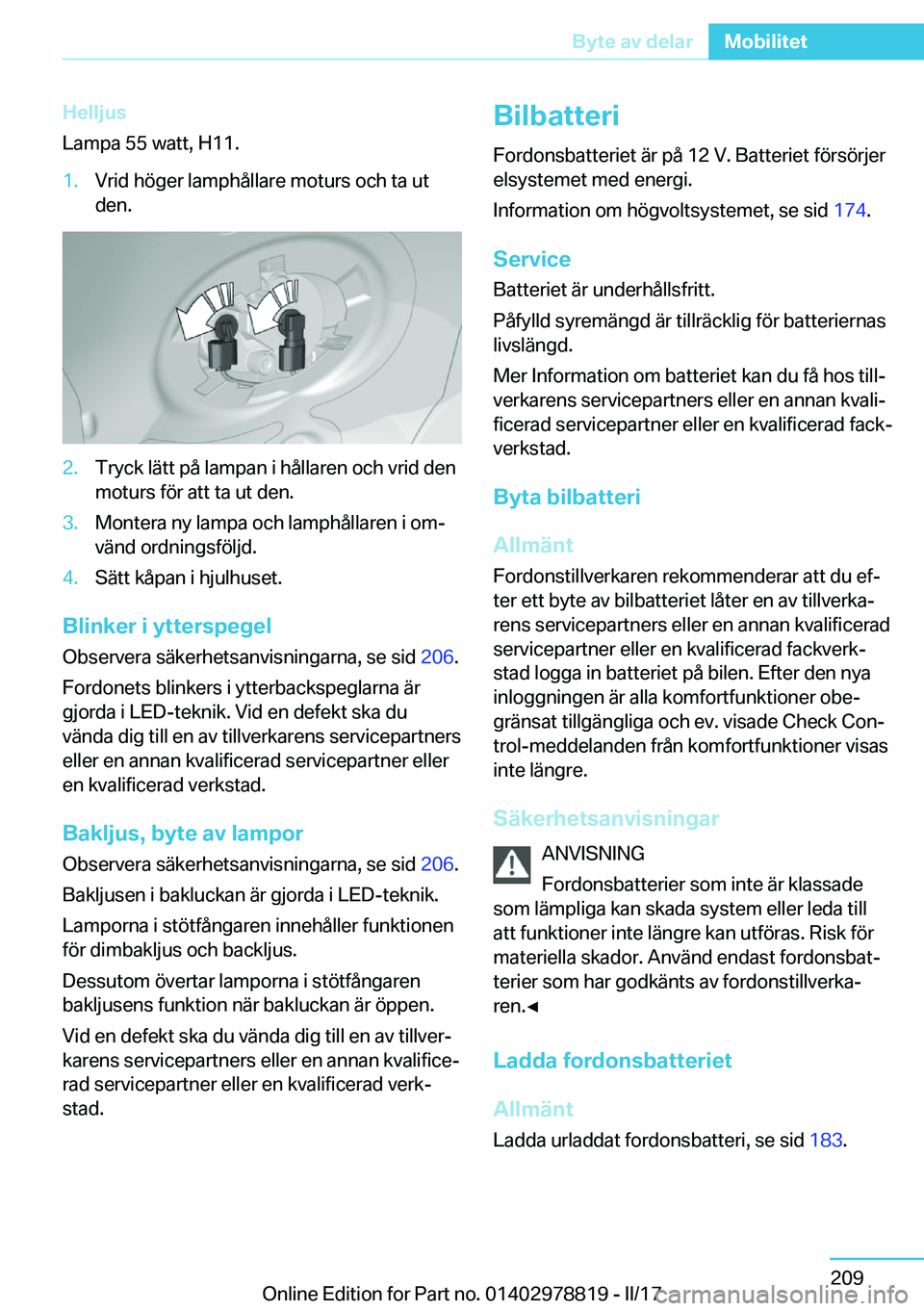 BMW I3 2017  InstruktionsbÖcker (in Swedish) �H�e�l�l�j�u�s
�L�a�m�p�a� �5�5� �w�a�t�t�,� �H�1�1�.�1�.�V�r�i�d� �h�