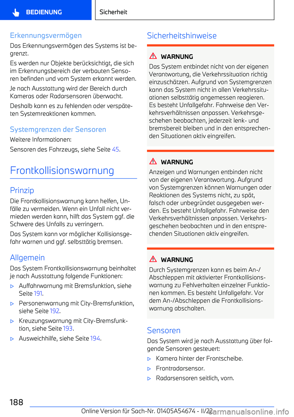 BMW I4 2022  Betriebsanleitungen (in German) Erkennungsverm