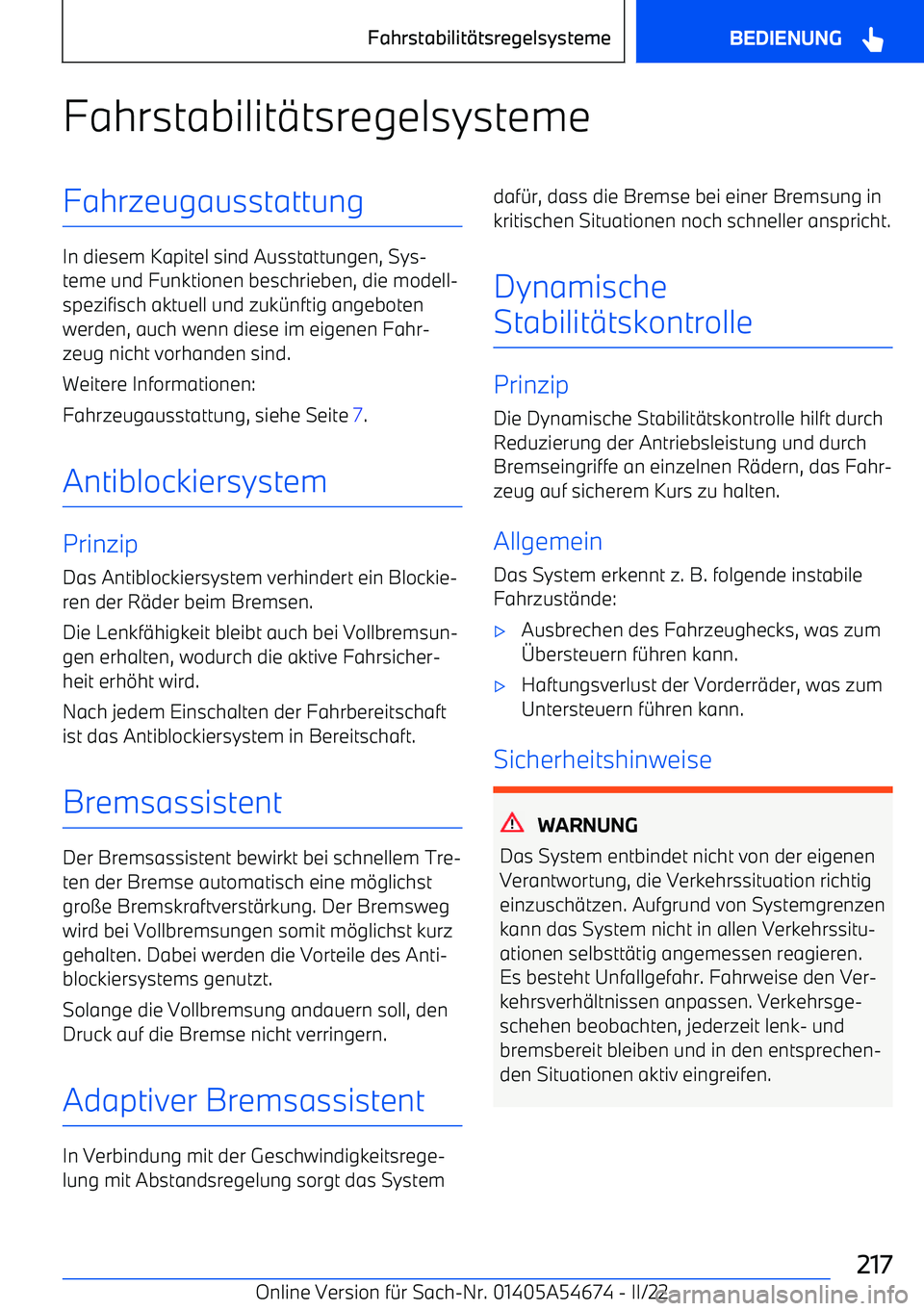 BMW I4 2022  Betriebsanleitungen (in German) Fahrstabilit