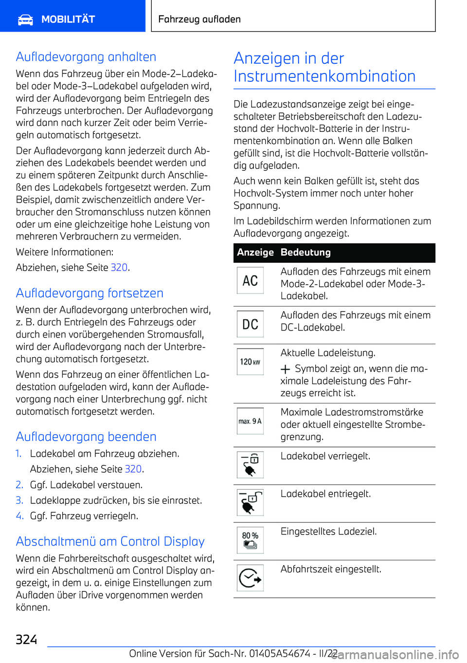 BMW I4 2022  Betriebsanleitungen (in German) Aufladevorgang anhalten
Wenn das Fahrzeug 